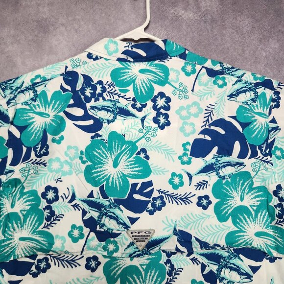 Columbia PFG Shirt Mens Large Floral Hawaiian Fishing Vented Short Sleeve Blue - Picture 6 of 15